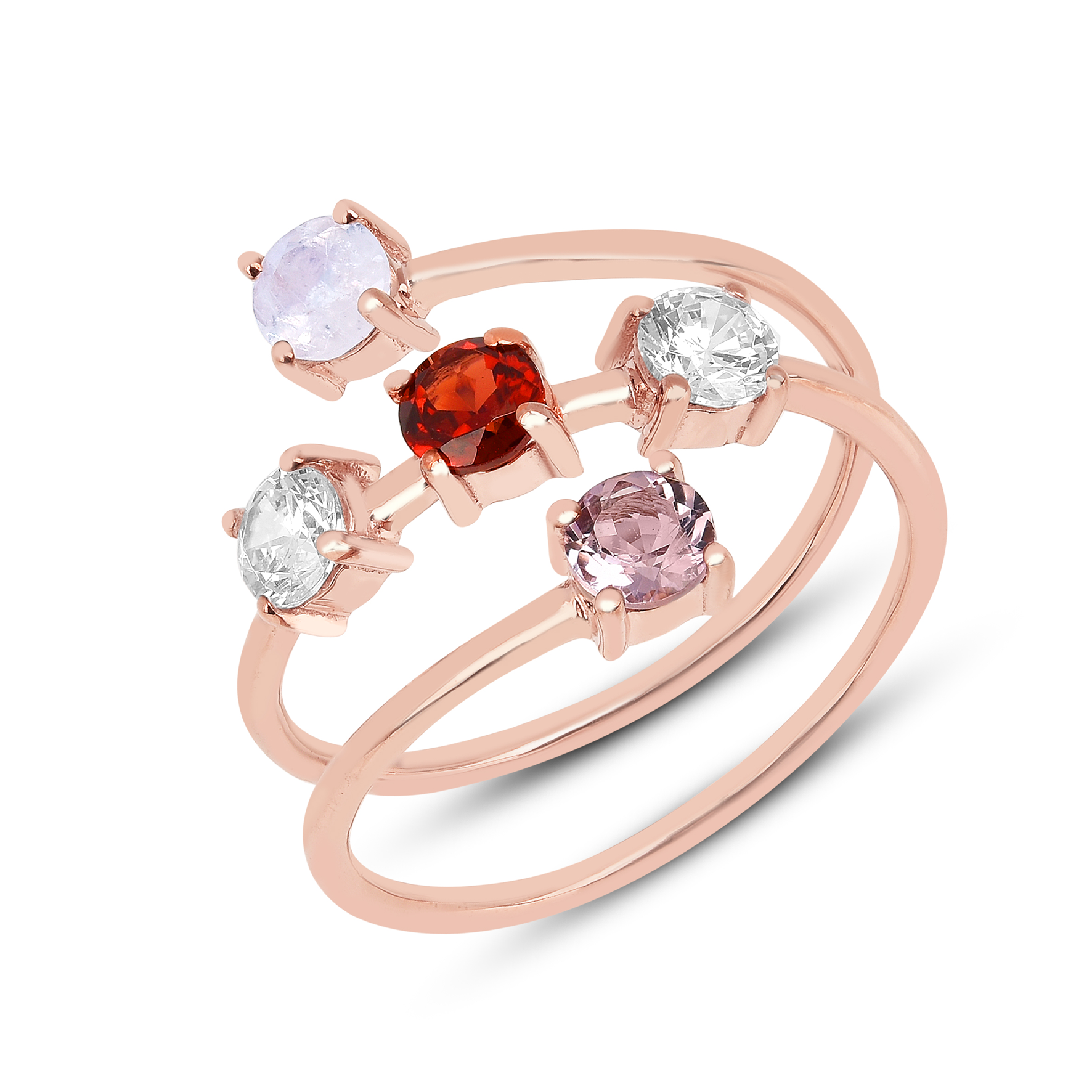 Bague en Argent 925 doré Or rose 18k assemblée de pierre de lune, grenat, quartz et oxyde de zirconium