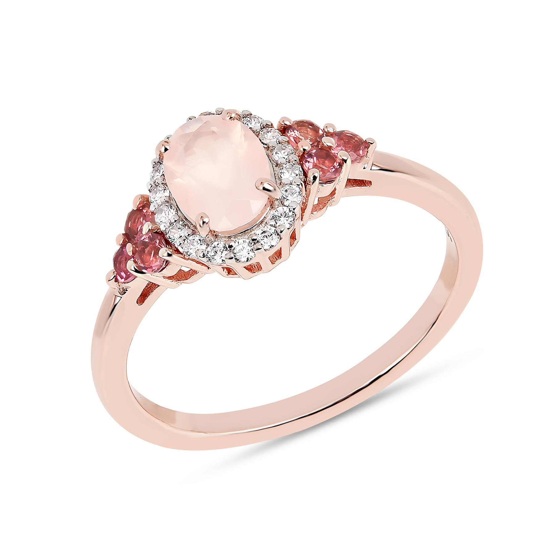 Bague en Argent 925 doré Or rose 18k assemblée de quartz rose, tourmaline rose et d'oxyde de zirconium
