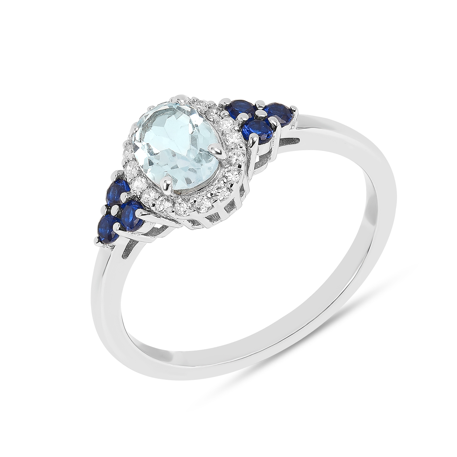 Bague en Argent 925 plaqué Rhodium assemblée de Topaze bleu ciel et d'oxyde de zirconium