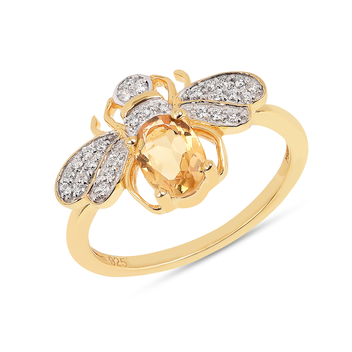 Bague en Argent 925 doré Or jaune 18k assemblée de Citrine et d'Oxyde de zirconium