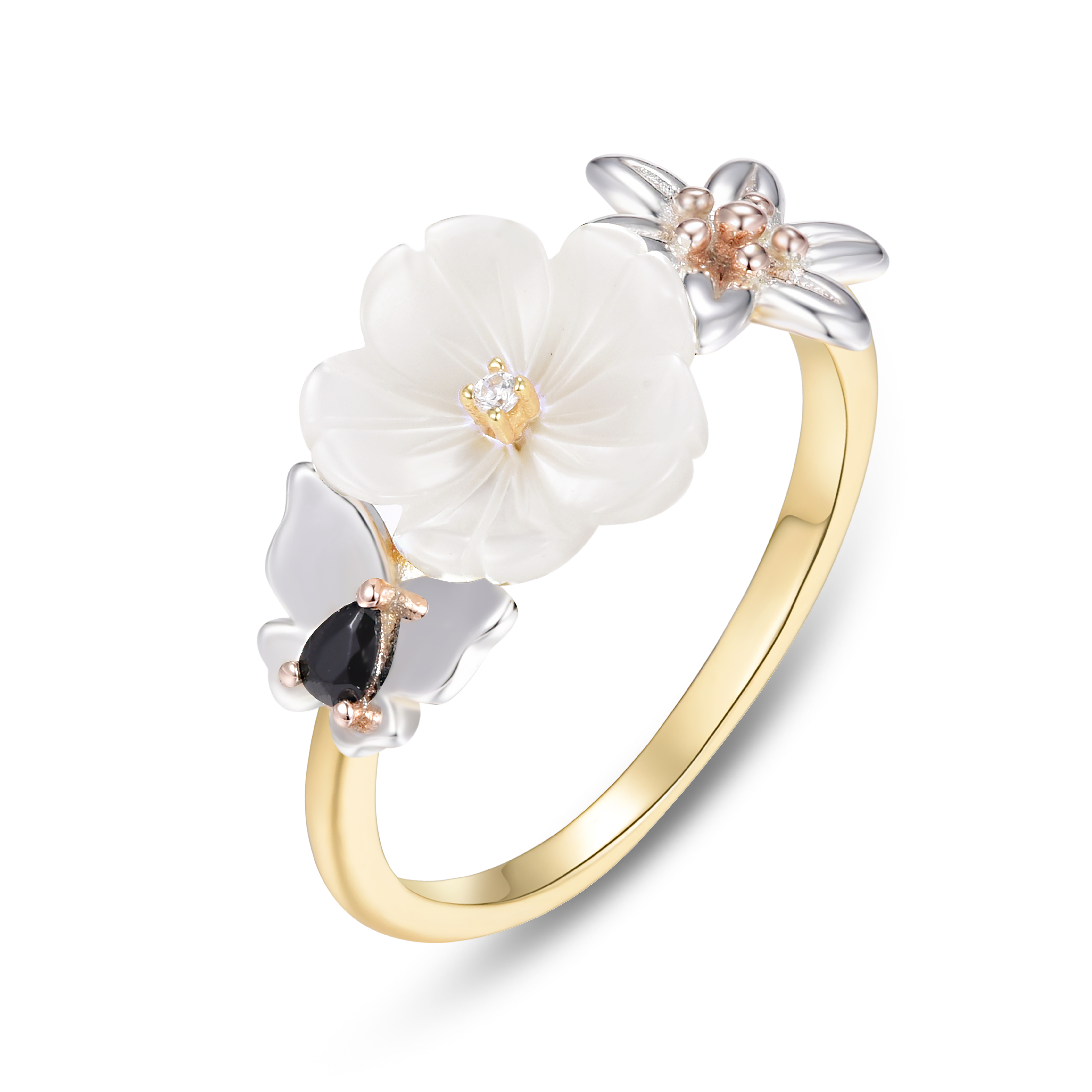 Bague en Argent 925 doré Or jaune et rose 18k assemblée de nacre et d'oxyde de zirconium