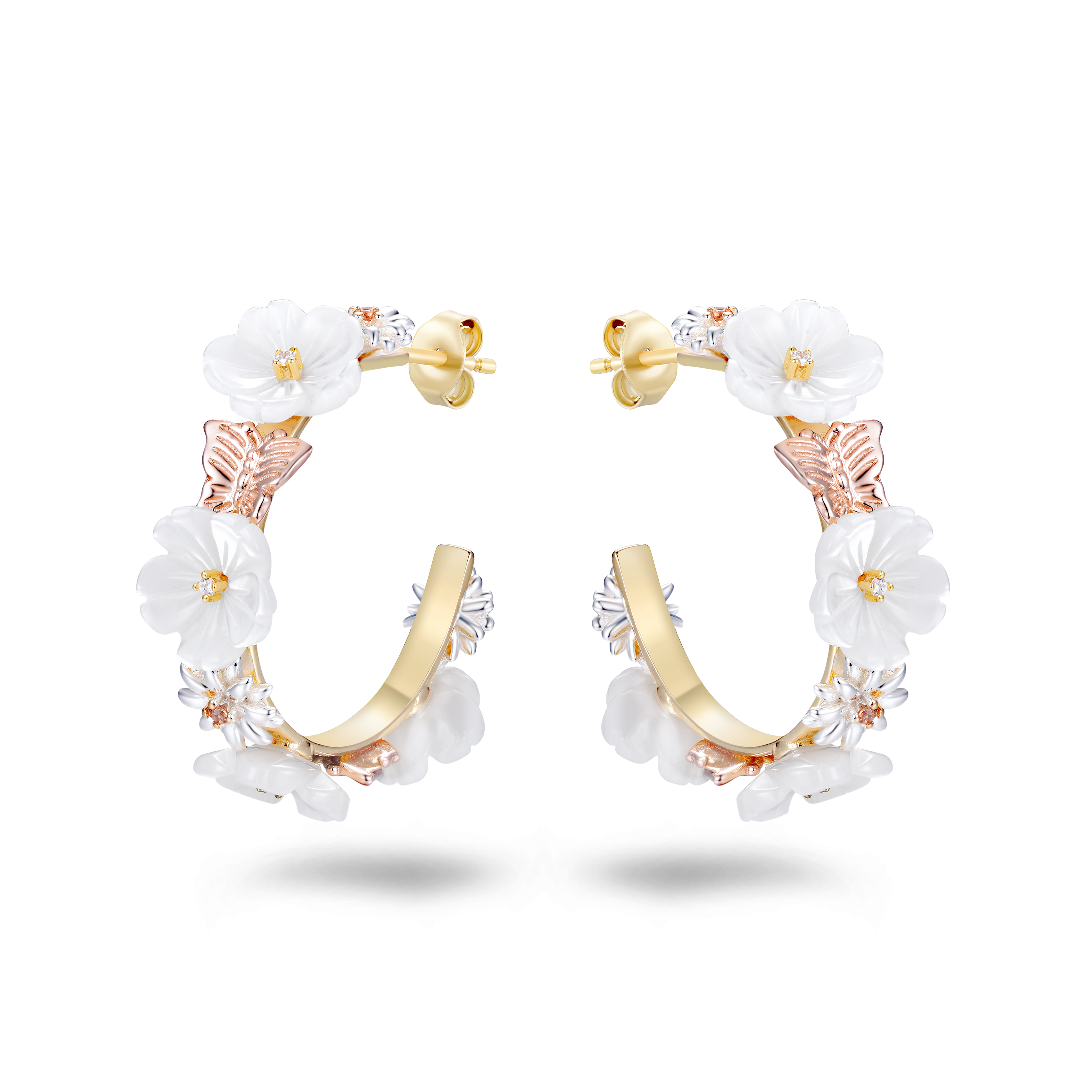 Boucles d'oreilles en Argent 925 doré Or jaune et rose 18k assemblées de Nacre, Champagne et d'Oxyde de zirconium
