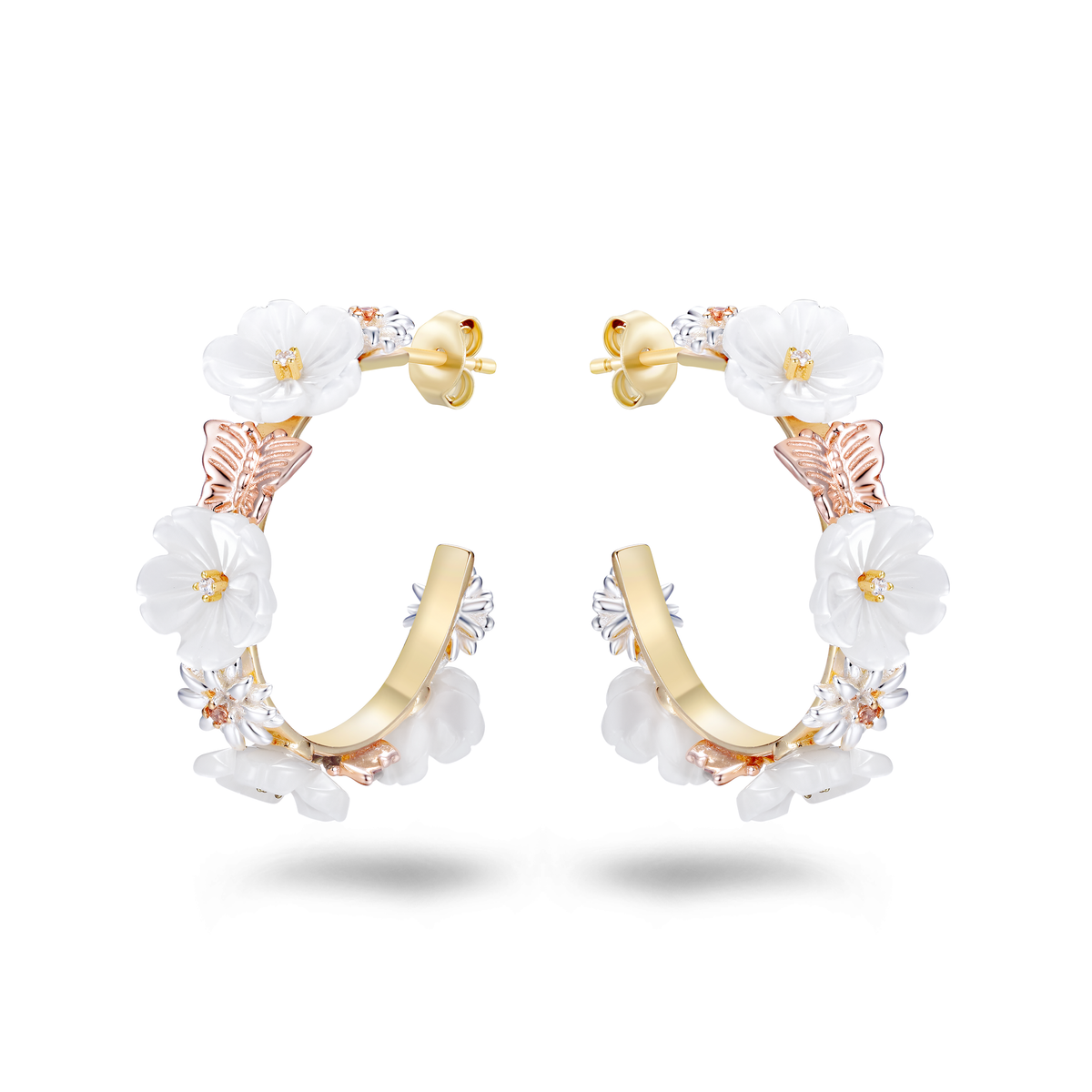 Boucles d'oreilles en Argent 925 doré Or jaune et rose 18k assemblées de Nacre, Champagne et d'Oxyde de zirconium