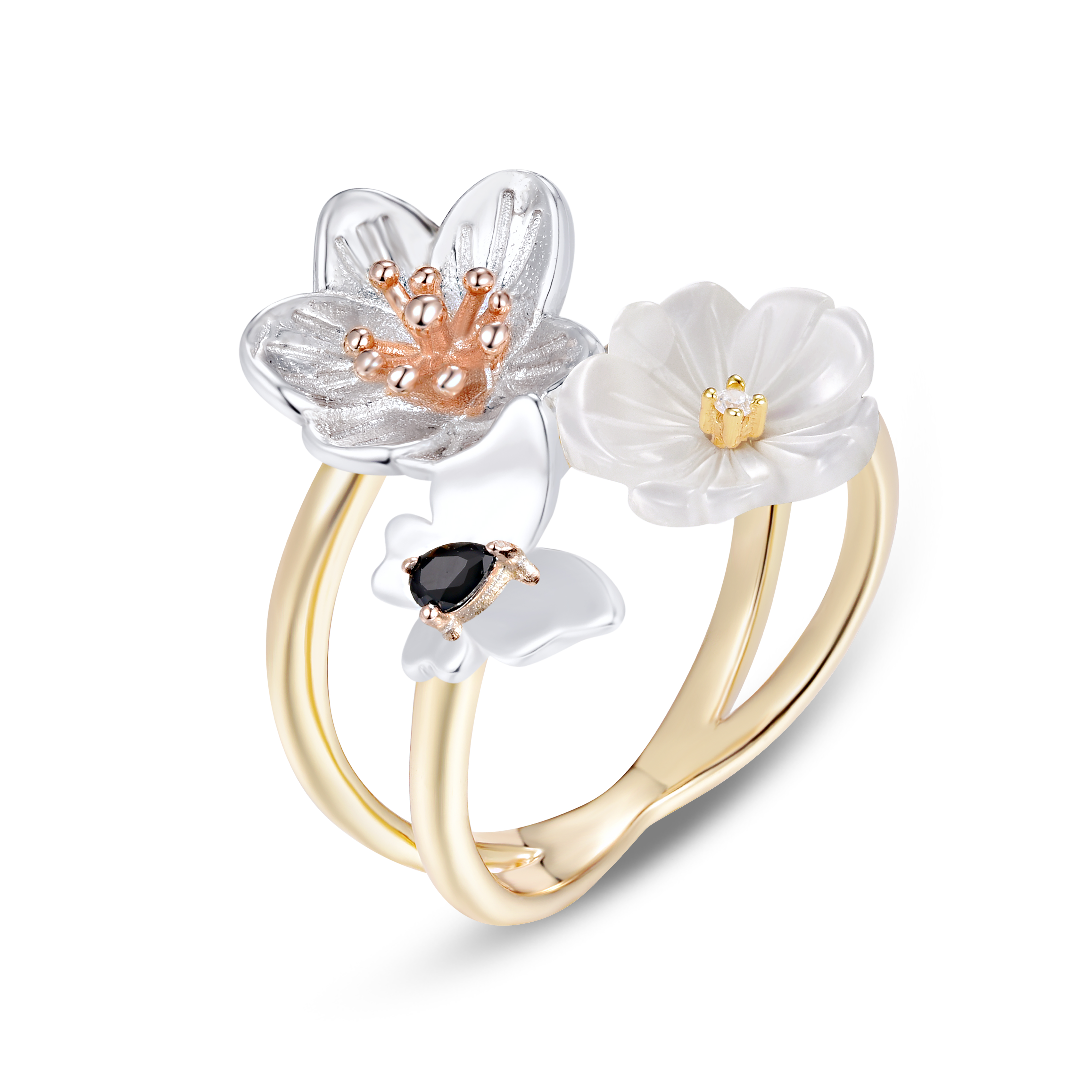 Bague en Argent 925 doré Or rose et jaune 18k assemblée de nacre et d'oxyde de zirconium
