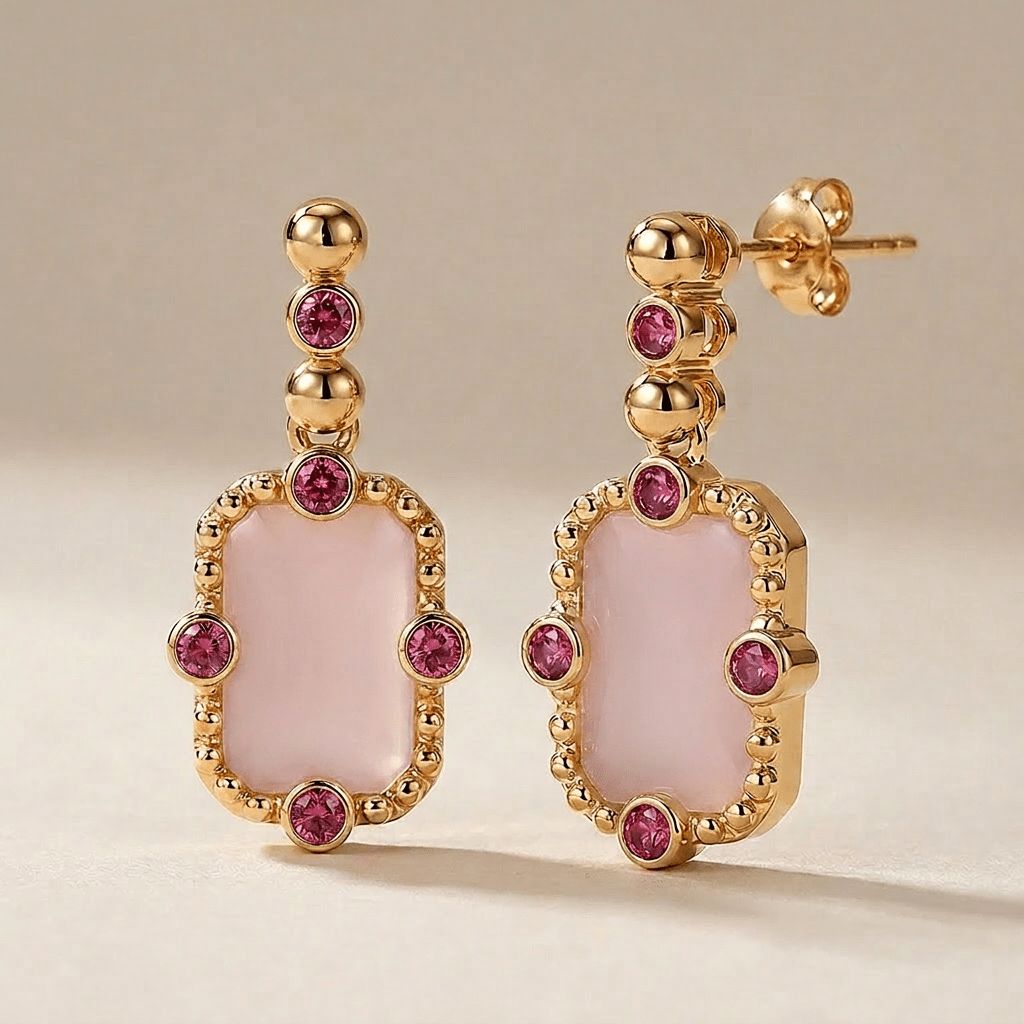 Boucles d'oreilles Art Déco - Dorées Or jaune 18k, Calcédoine rose & Oxyde de zirconium
